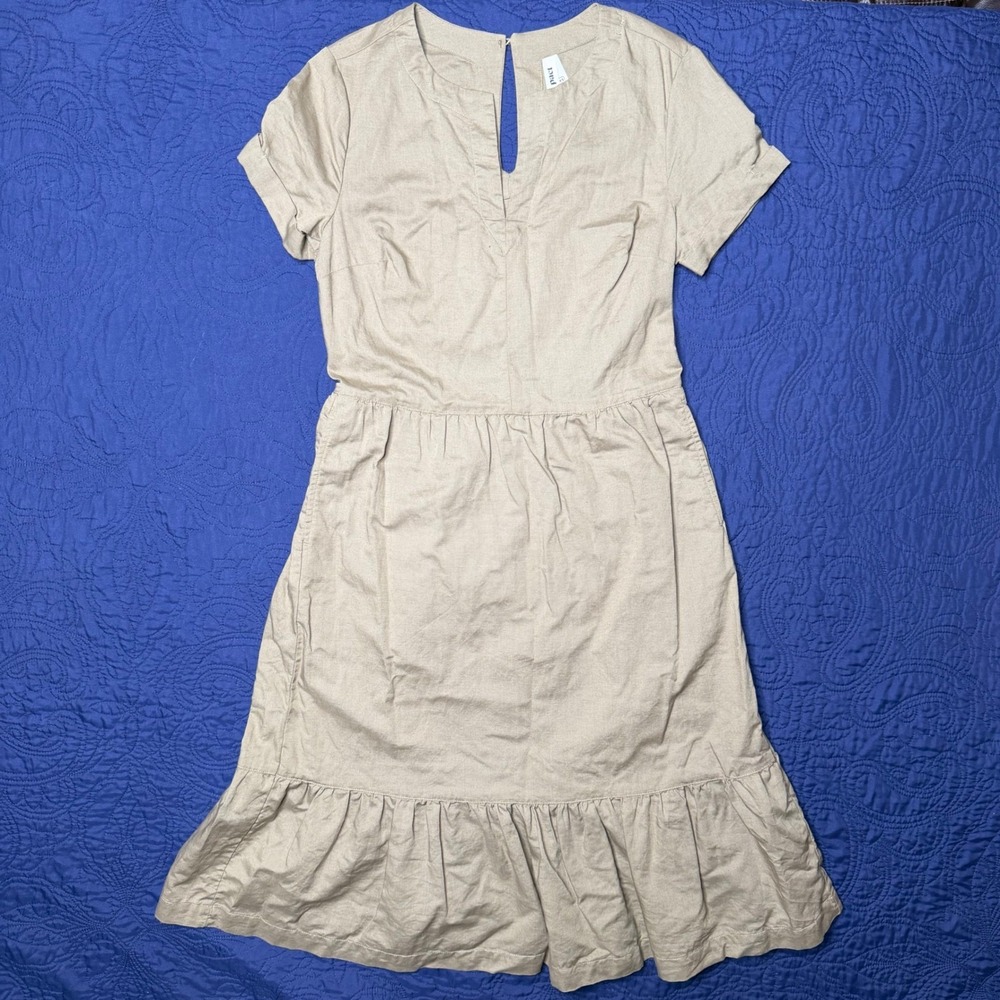 Pact Organic Cotton Linen Blend Short Sleeve Ruffle Hem Dress Tan XS